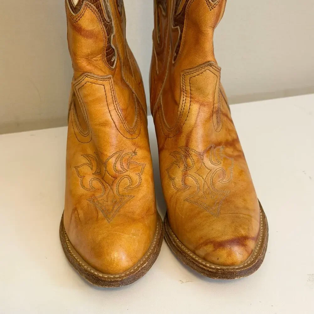 Miss Capezio Vintage Leather Inlay Western Cowboy Boots 8M Brown Festival USA